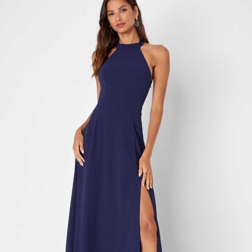 Lulus Confidently Charismatic Navy Blue Backless Halter Maxi Dress - Size L